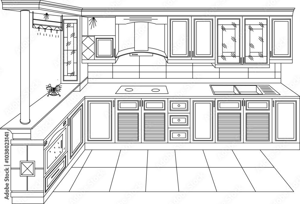 Vector sketch illustration of the silhouette of the interior design of a modern classic vintage home kitchen set Vector sketch illustration of the silhouette of the interior design of a modern classic vintage home kitchen set