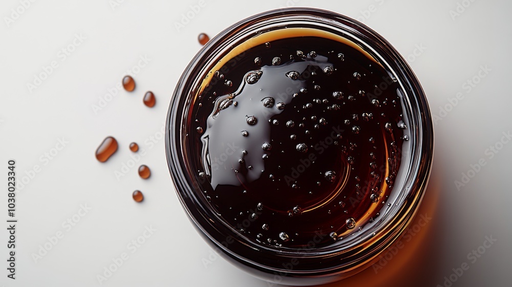 Close-up of a Glass Jar with a Dark Liquid and Droplets Close-up of a Glass Jar with a Dark Liquid and Droplets