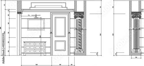 Vector sketch illustration of the silhouette of a classic vintage European Roman Greek house interior design