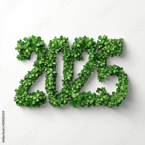 Wallpaper Mural 3D text "2025" with clover leaves realistic modern design, soft lighting, white background  Torontodigital.ca