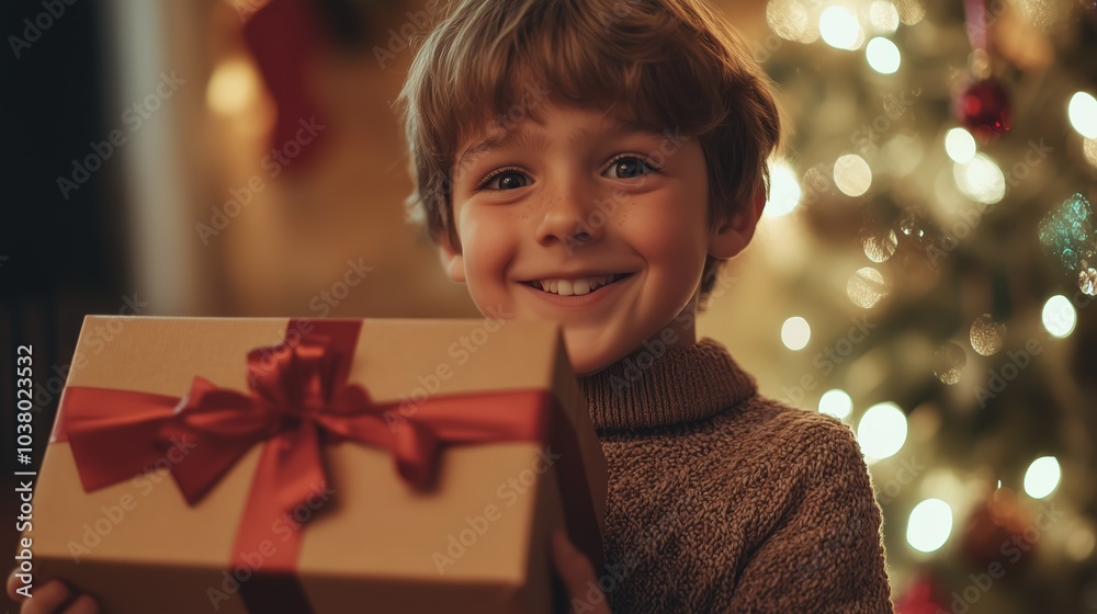 Smiling child holding a wrapped present, sitting near a twinkling Christmas tree, capturing holiday joy and festive excitement. Smiling child holding a wrapped present, sitting near a twinkling Christmas tree, capturing holiday joy and festive excitement.