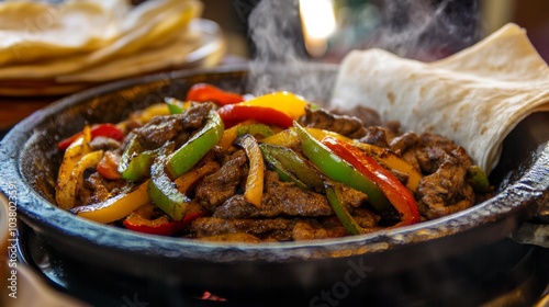 A sizzling skillet of fajitas filled with tender strips of steak, bell peppers, and onions