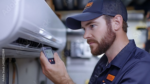 A focused technician using a digital tool to measure airflow from the air conditioner. photo