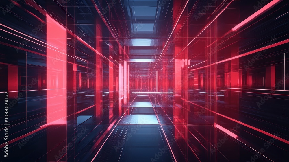 Abstract digital corridor with glowing red and blue lines creating a futuristic atmosphere.
