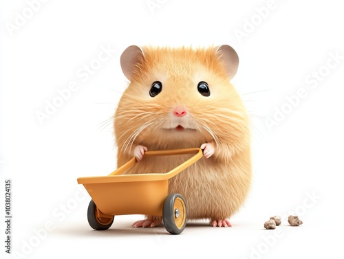 Cute hamster with wheelbarrow, white background photo