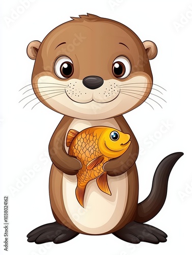 Cute otter holding a goldfish photo