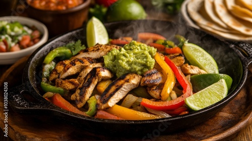 A sizzling skillet of fajitas with grilled chicken, bell peppers, and onions