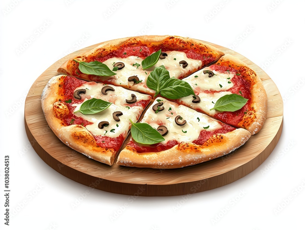 Delicious pizza with mushrooms and basil Delicious pizza with mushrooms and basil