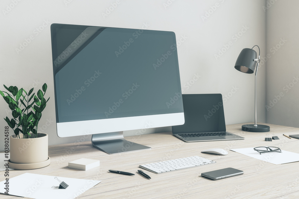 Side view on blank dark modern computer monitor with space for your logo or text in sunny home office with dark laptop and lamp, flowerpot and notes on light wooden table. 3D rendering, mock up Side view on blank dark modern computer monitor with space for your logo or text in sunny home office with dark laptop and lamp, flowerpot and notes on light wooden table. 3D rendering, mock up