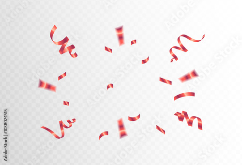 red confetti and ribbon streamers falling on a transparent background. blurred. Big and small,abstract frame,Vector. eps 10	