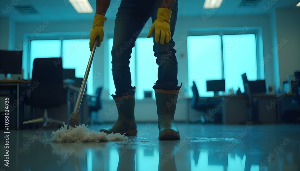 Fototapeta premium People cleaning floor with mop in modern office
