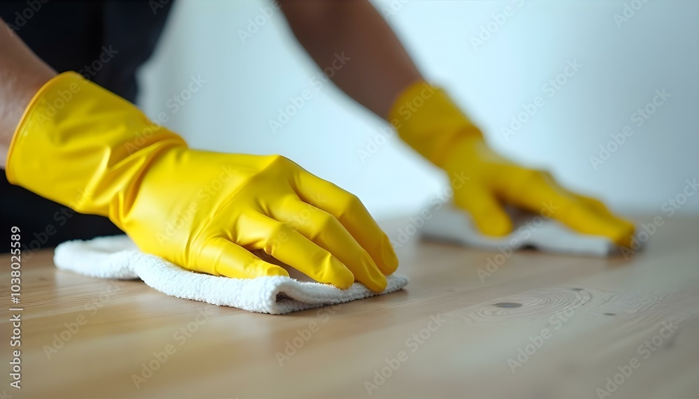 People hands in yellow gloves cleaning wooden table People hands in yellow gloves cleaning wooden table