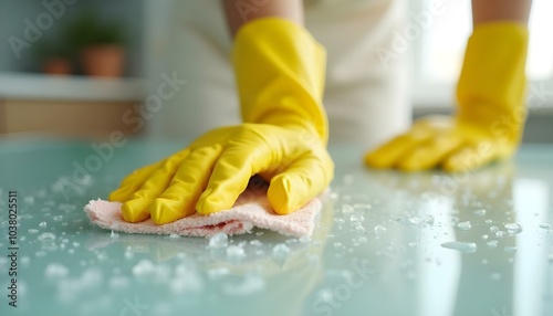 People hands in yellow gloves cleaning the kitchen