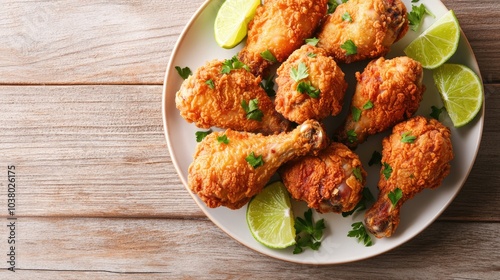 Crispy Fried Chicken with Lime Slices on Wooden Table