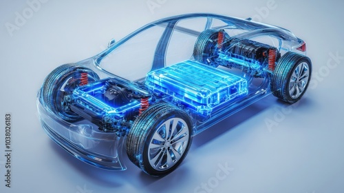 Transparent electric car model showcasing internal components like battery and motors. photo