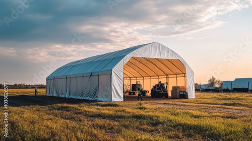 Durable Shelter: A large, white, fabric-covered structure stands majestically in a field, providing a sturdy and reliable shelter for equipment and vehicles.