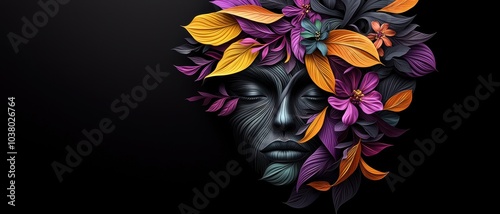 A surreal face blended with vibrant leaves, set against a dark background, symbolizing the connection between nature and humanity.