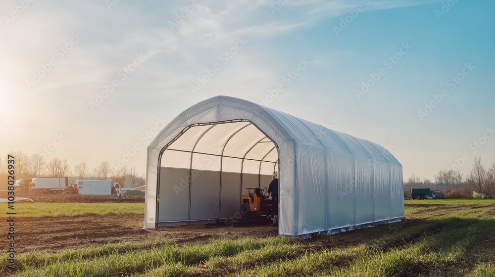 Greenhouse in the Setting Sun: A white greenhouse stands in a field at sunset, with the sun casting a warm glow on the structure. The greenhouse is a symbol of hope and growth. Greenhouse in the Setting Sun: A white greenhouse stands in a field at sunset, with the sun casting a warm glow on the structure. The greenhouse is a symbol of hope and growth.