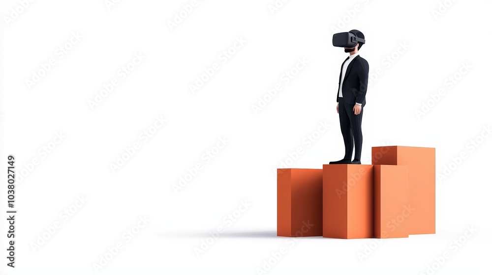 Businessman with VR headset on platforms Businessman with VR headset on platforms