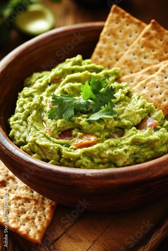 Guacamole and Crackers on Table