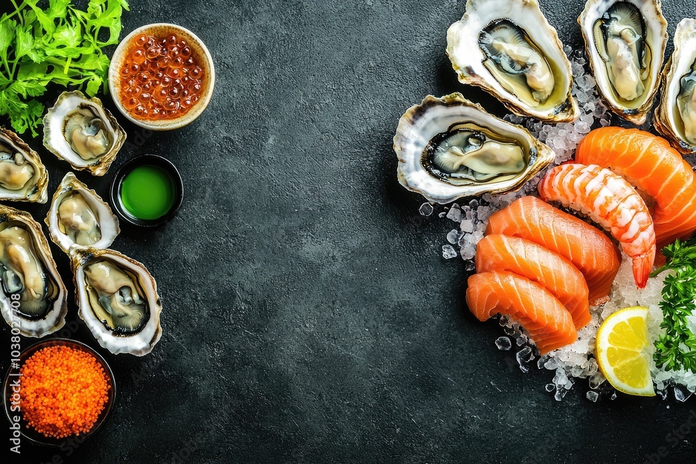 Delicious seafood platter with oysters, salmon, and garnishes on a dark background.