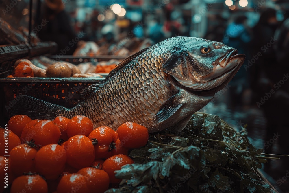 Fresh fish displayed among vibrant tomatoes in a market setting. Fresh fish displayed among vibrant tomatoes in a market setting.