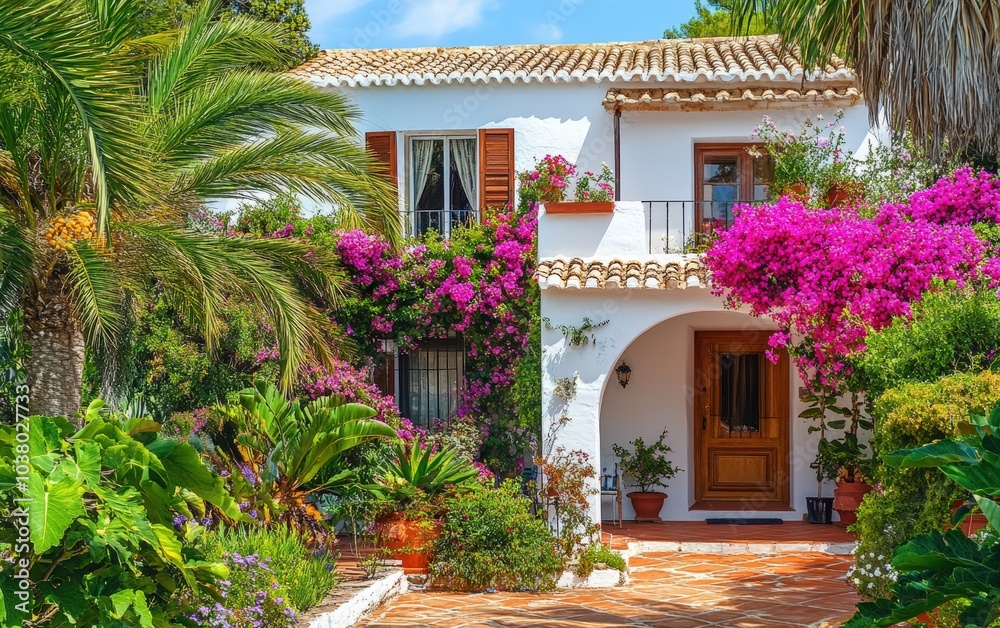 Fototapeta premium Mediterranean villa on a hot summer afternoon, with white walls, terracotta roof tiles, and a lush garden in full bloom. 