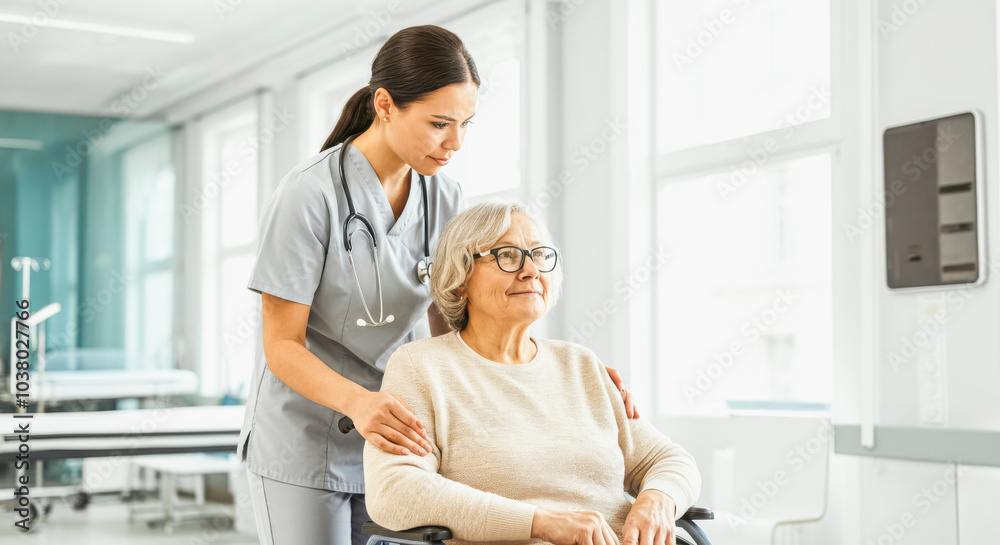 Obraz premium Healthcare professional assisting senior woman in wheelchair in medical setting