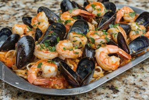 Seafood platter featuring shrimp and mussels with herbs on a metal plate.