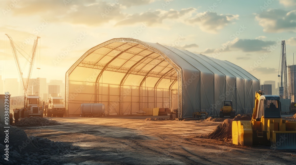 Construction Site at Sunset: A large, modern, steel-framed structure under construction, bathed in the warm glow of the setting sun, with heavy machinery and cranes in the background. Construction Site at Sunset: A large, modern, steel-framed structure under construction, bathed in the warm glow of the setting sun, with heavy machinery and cranes in the background.