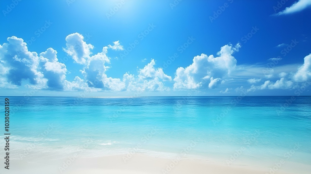 Sunny beach paradise with white sand, crystal-clear blue water, and fluffy clouds against a vibrant blue sky Sunny beach paradise with white sand, crystal-clear blue water, and fluffy clouds against a vibrant blue sky