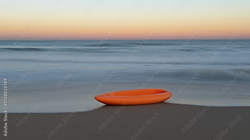 Vibrant Orange Boat on Serene Beach at Sunset Vibrant Orange Boat on Serene Beach at Sunset
