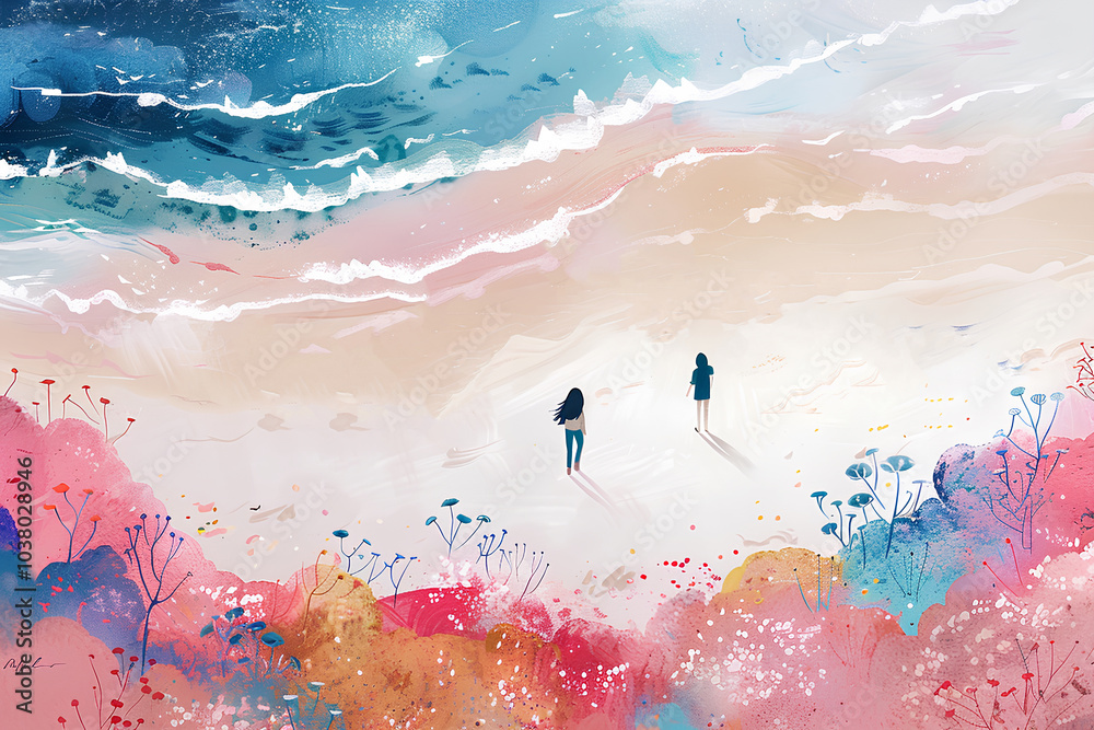 浜辺を歩く若い二人の女性 Stock Illustration | Adobe Stock