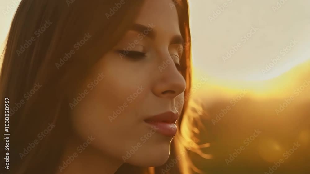 Serene woman with closed eyes at sunset, radiating peace and calmness Serene woman with closed eyes at sunset, radiating peace and calmness