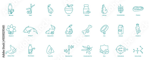 Minerals, Sugar, Fats, Fiber, Vitamins, Calories, Carbohydrates, Protein, Vitamin E, Omega-3, Vitamin B12, Vitamin C, D, A Iron, Calcium, Dietary Fiber, Electrolytes, Trans Fat icons