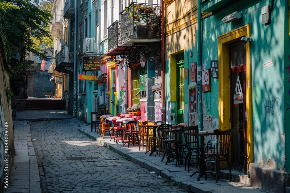 Fototapeta premium Enchanting Street Scene in Historic District with Cobblestone Streets, Colorful Buildings, and Sidewalk Café