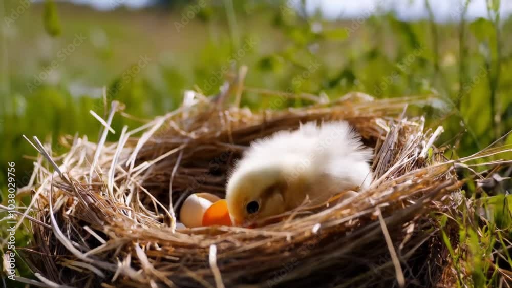 Fluffy baby chick hatching from its egg in a nest. Fluffy baby chick hatching from its egg in a nest.