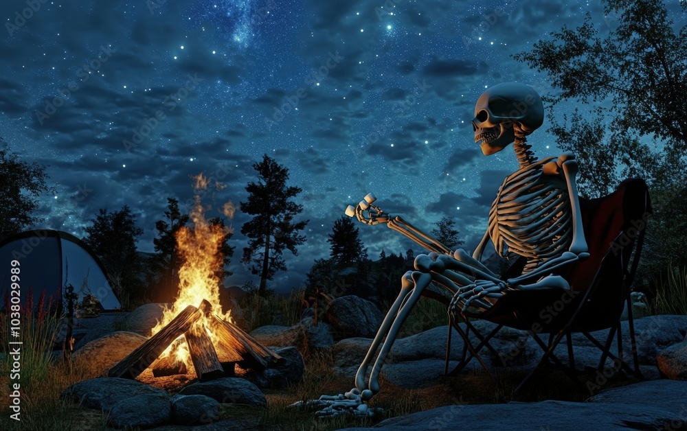 Fototapeta premium Skeleton at a Campfire. A 3D skeleton sitting around a campfire at night, roasting marshmallows, with a starry sky above and a cozy camping setup. 