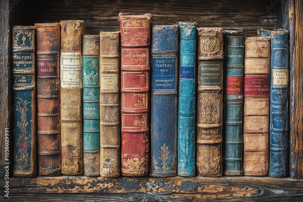Classic Novels Collection on Timeworn Bookshelf Classic Novels Collection on Timeworn Bookshelf