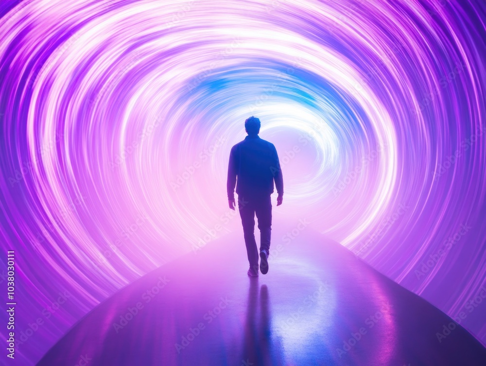 Man walking through tunnel of light Man walking through tunnel of light