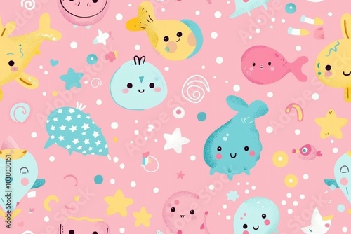 Cute Sea Creatures on Pink Background