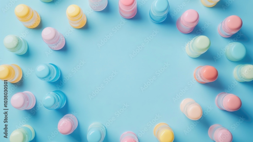 Colorful Bottles on a Blue Surface Arrangement Colorful Bottles on a Blue Surface Arrangement
