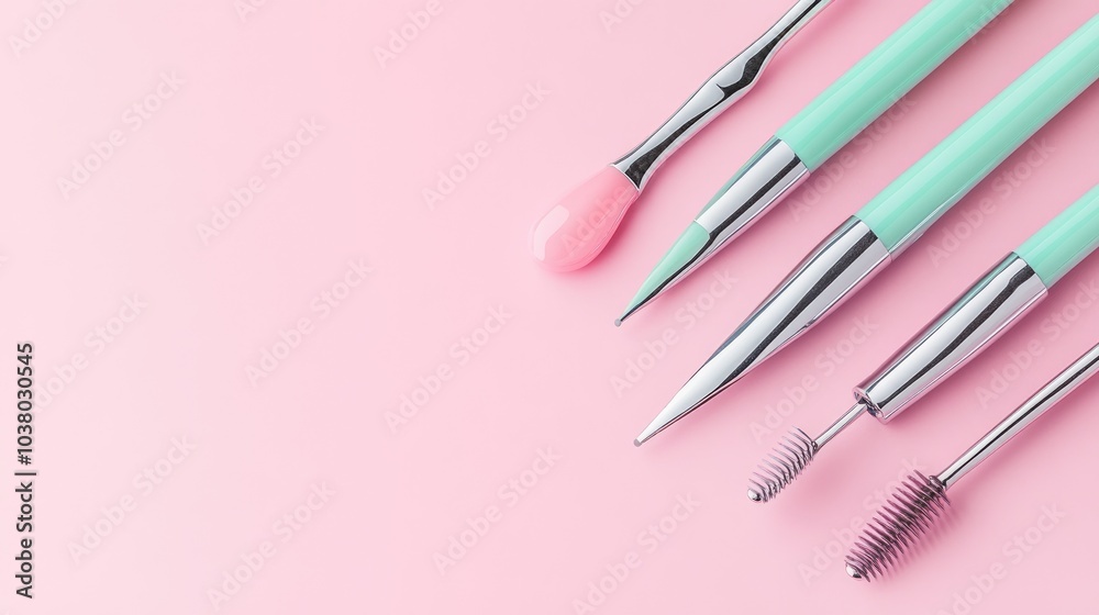 Stylish Cosmetic Tools on Soft Pink Background