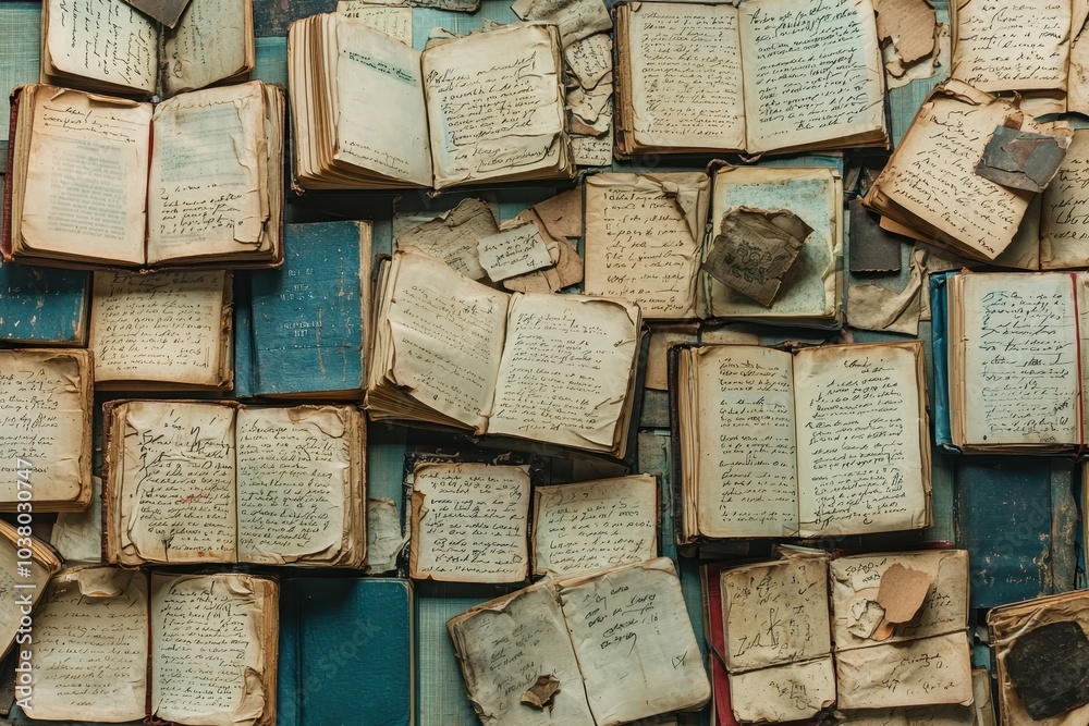 Obraz premium Overhead View of Various Open Books on a Surface