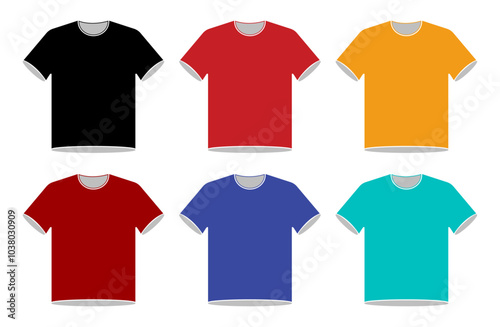 T-shirt vector icon set in different color isolated on a white background. Clothing icons set in colors. T-shirt icon collection. Isolated vector illustration. Flat design.