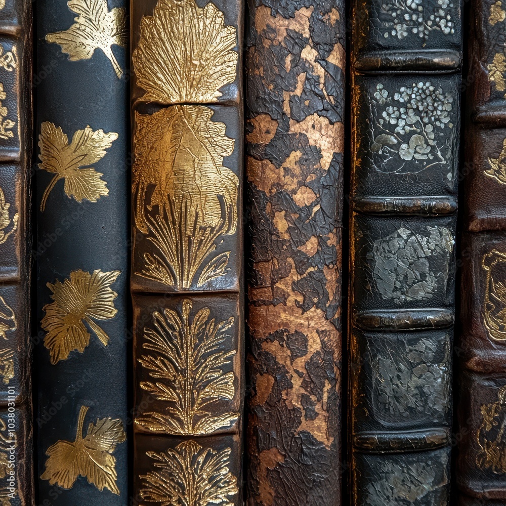 Close-Up of Aged Embossed Leather Books Close-Up of Aged Embossed Leather Books