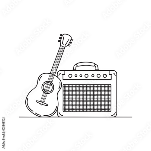 Illustration of an amplifier placed next to a guitar
