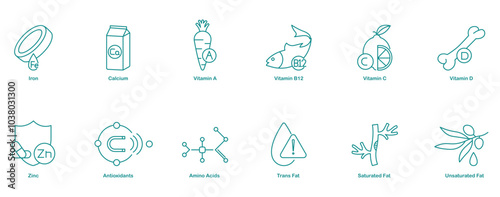 Iron, Calcium, Vitamins A, B12, C, D, Zinc, Antioxidants, Amino Acids, Trans Fat, Saturated Fat, Unsaturated Fats, Calories, Carbohydrate, Protein, Fats, Fiber, Vitamins, Minerals, Sugar, icons