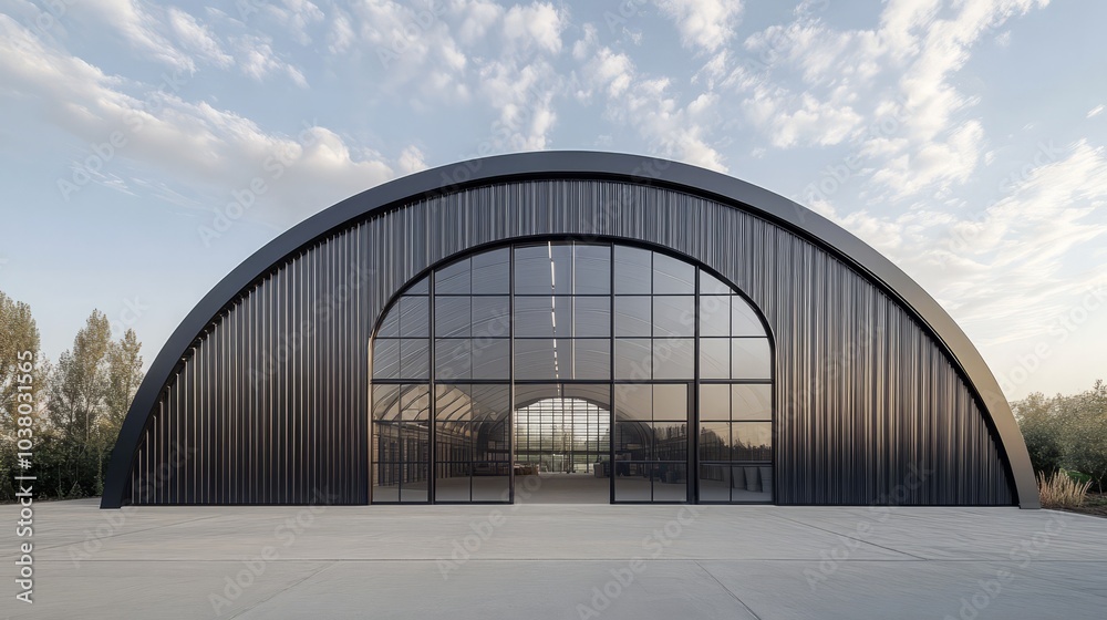 Obraz premium Modern Architectural marvel: A striking image of a contemporary hangar, featuring a sleek, curved design with expansive glass doors, set against a serene, partly cloudy sky. 