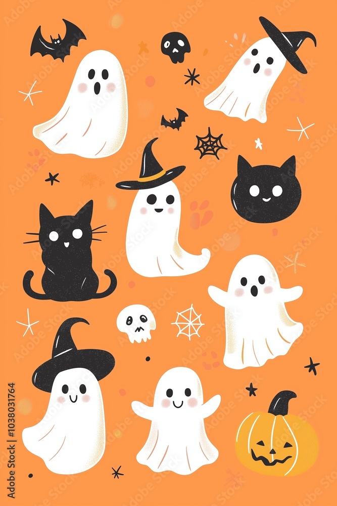 Fototapeta premium Cute Halloween Ghosts and Spooky Icons Decorate an Orange Background for Festive Celebrations During Autumn Festivities